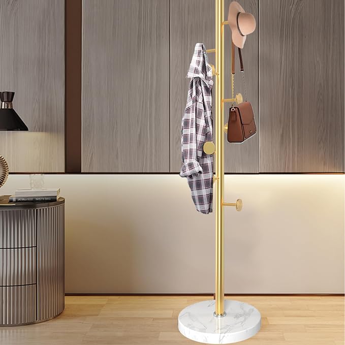 Modern Metal Coat Rack Stand, Coat Rack Freestanding with Natural Marble Base, Sturdy Heavy Duty Coat Racks with 8 Hooks, Golden Coat Hall Tree Stand for Entryway, Office