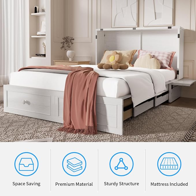 PUREMIND Queen Murphy Bed with Mattress Included, Murphy Cabinet Bed with Storage Drawer, Built-in Charging Station, Solid Wood Frame, Space-Saving Cabinet Beds for Small Spaces/Guest Room (White)