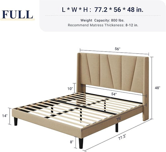 Allewie Full Size Platform Bed Frame with Geometric Wingback Headboard, Boho Upholstered Bed with Wooden Slats Support, No Box Spring Needed, Easy Assembly, Beige