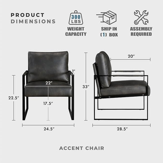 Lexicon Modern Accent Chair, Faux Leather Upholstered Living Room Chair With Wrapped Armrests,Arm Chair With Black Metal Frame,Comfy Single Chair For Living Room/Bedroom/Reading Room/Office,Dark Brown