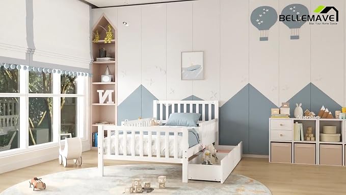 Kids Twin Size Bed Frame with Storage Drawers, Wood Twin Bed Frames for Kids, Twin Bed Frame with Headboard and Footboard for Boys Girls, No Box Spring Needed,White