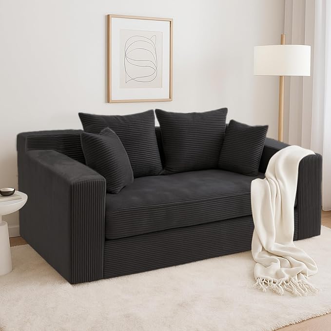 cidludto Convertible Sofa Bed, Boneless Loveseat Folding Couch Bed Foldable - 3 in 1 Small Ccouch & Futon Sofa Bed, Corduroy Pull Out Couch with 4 Pillows for Living Room, Black