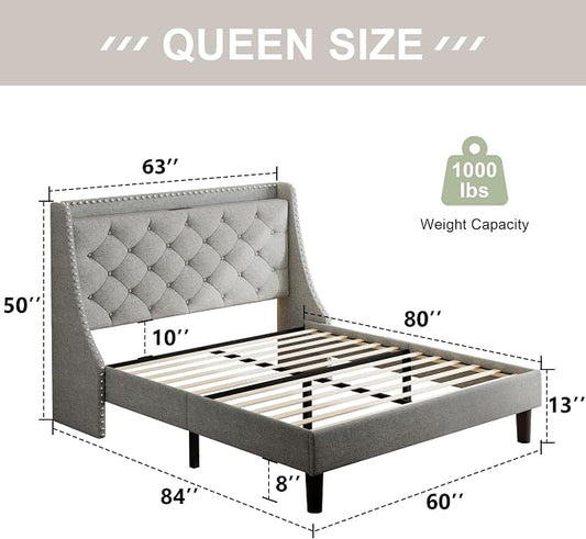 Feonase Queen Bed Frame with Luxury Wingback Upholstered Button Tufted Storage Headboard, Queen Platform Bed with Charging Station, Sturdy Wooden Slats Support, Noise-Free, Easy Assembly, Light Gray