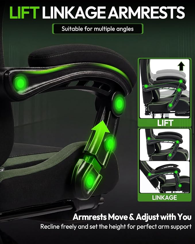 Dowinx Ergonomic Gaming Chair with Footrest & Massage Lumbar, 2D-Linkage Armrests for Computer Chair 330lbs with Headrest Pillow for Office, Home, Streaming and Long Gaming Sessions, Fabric Dark Green