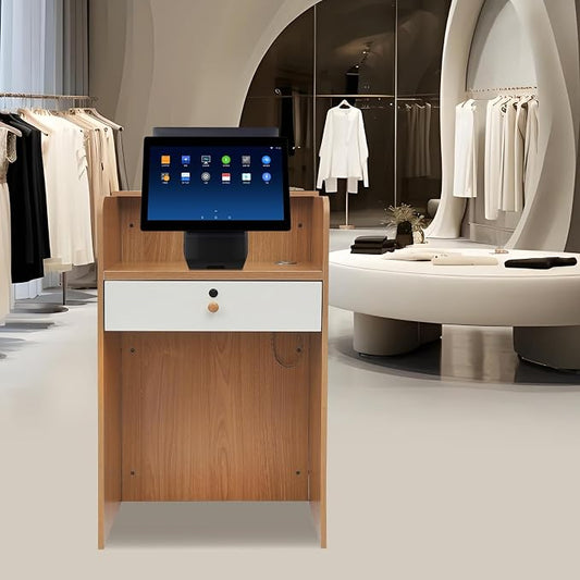 Reception Desk with Counter LED Light, Modern Front Desk with Lockable Drawer, Retail Checkout Counter for Clothing Store Lobby Beauty Salon, Oak Color