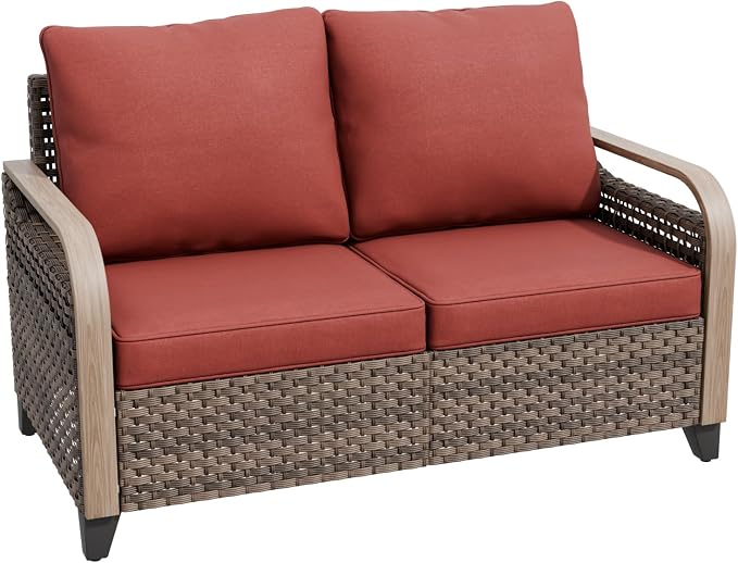 Modern Wicker Patio Sofa, Rattan Outdoor Loveseat for Small Balcony, 2 Seat Loveseat Furniture Set for Garden Deck Backyard, Brown/Red