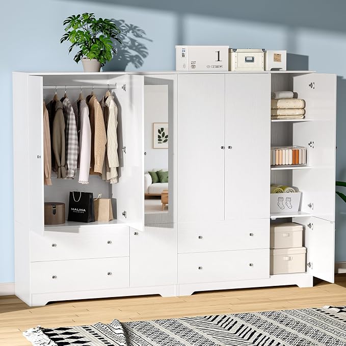 VINGLI Armoire Wardrobe Closet with Doors and Mirror,47"W Wardrobe Cabinet Wooden with Hanging Rod & Shelves Inside, 4 Door Bedroom Armoires with Drawers, Modern White Freestanding Armoire for Bedroom