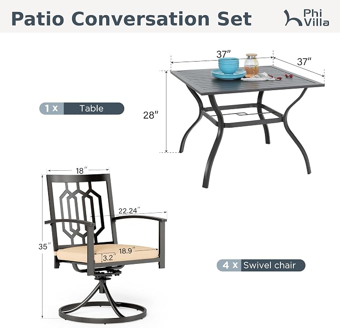 PHI VILLA 5 Pieces Outdoor Dining Set for 4, 37" Black Square Wrought Iron Table with Umbrella Hole & Metal Swivel Chairs with Cushions, Outside Furniture for Patio, Deck, Yard, Porch