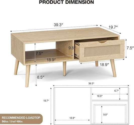 ZttRiee Rattan Coffee Table with Drawer, Boho, Natural | 39.4"L x 19.7"W x 16.9"H, 220 lbs capacity, 1 rattan drawer & open compartments, solid wood legs, ~30 min assembly