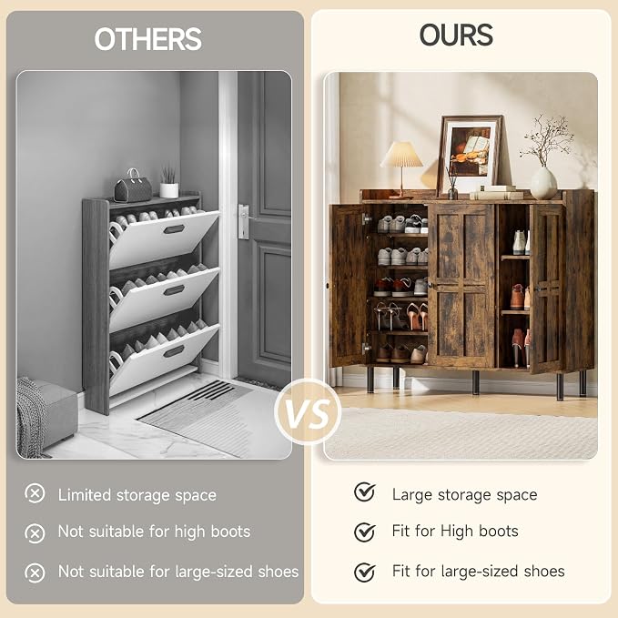 ONBRILL Shoe Cabinet with 3 Doors and Adjustable Shelves, 30 Pairs Shoe Storage Cabinet, 40 Inch Tall Farmhouse Shoe Rack Shoe Organizer Cabinet for Entryway Living Room Closet, Rustic Brown