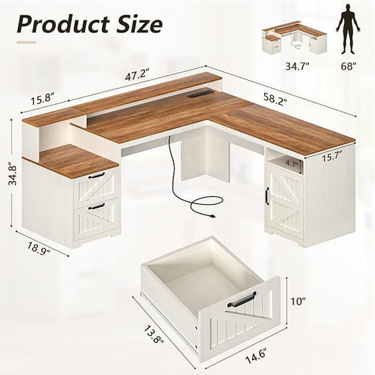 YOMILUVE 63" Farmhouse L Shaped Executive Desk with Drawers & Storage Shelf, Corner Computer Desk with Power Outlets, L Shaped Office Desk with Monitor Stand, Printer Shelf, Antique White