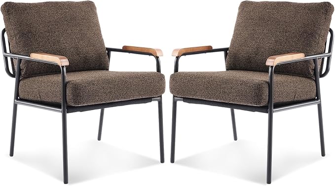 VINGLI Mid-Century Modern Accent Armchiars Set of 2 for Small Space, Small Comfy Upholstered Leisure Reading Chairs with Wood Armrests for Bedroom, Living Room, Waiting Room, Linen Expresso