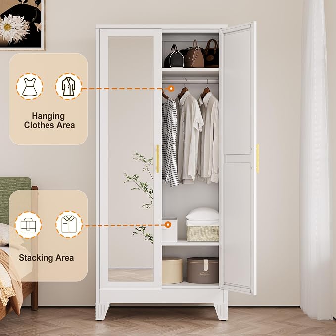 Metal Wardrobe Storage Cabinet with Mirror and Hanging Rod,71'' Metal Clothing Cabinet with 2 Doors and 2 Adjustable Shelves for Bedroom, Laundry Room, Cloak Room (White)