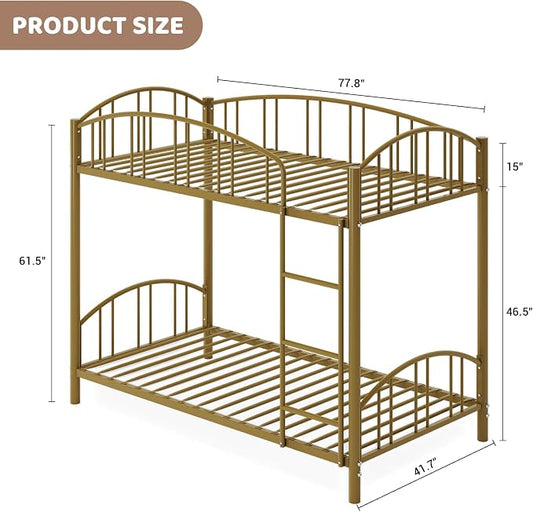 IDEALHOUSE Twin Over Twin Bunk Bed Frame, Twin Bunk Bed Frame with Heightened Arched Guardrail and Safety Ladder, Sturdy Steel Bed for School, Bedroom, Easy Assembly, Modern Gold