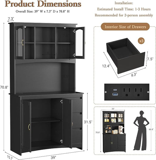 Garvee Kitchen Pantry Cabinet with LED Lights & Charging Station, 71" Tall Kitchen Hutch Storage Cabinet with Countertop, 3 Drawers, 4 Doors, Adjustable Shelves for Dining Room, Black