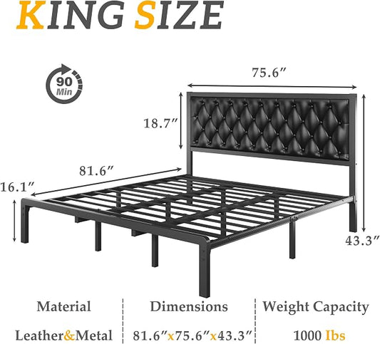 HISOFT King Bed Frame with Upholstered Button Tufted Headboard, Bed Frame Platform Metal Slats Support, Under Bed Storage, No Box Spring Needed, Noise-Free, Easy Assembly, Black