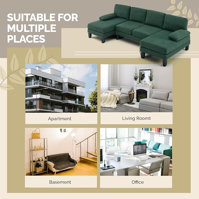 VINGLI 110' U-Shaped Sectional Couch with Two Chaise, Affordable Small Sofa with 4 Seats, Chenille Fabric Comfy Couches for Living Room, Dark Green