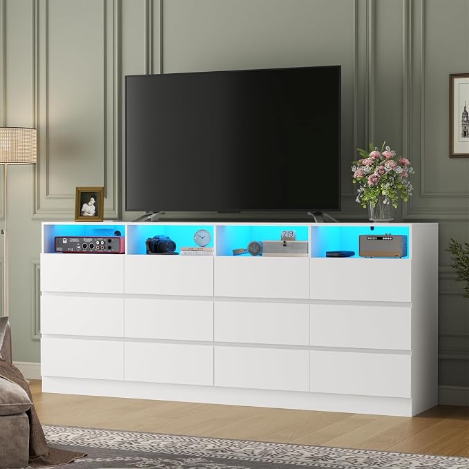 Gyfimoie 6-Drawer Dresser with Divided Compartments, Charging Station & LED Lights, 63" Wide TV Stand for TVs up to 75", Large Organizer with 4 Open Cubbies (White, 6 Drawers)