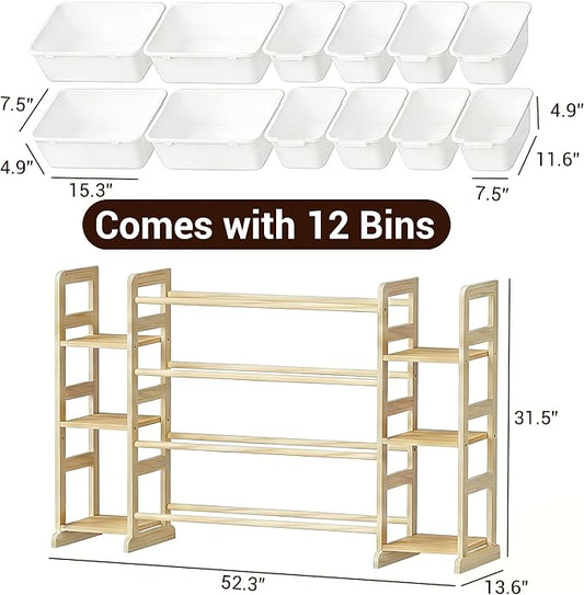 Kiddocood Kids Toy Storage Organizer with 12 Bins, 100% Solid Wood - Natural Finish Montessori Toy Organizer, BPA Free, CPC & TIC Certified Playroom Organization for Living Room & Nursery, 52.3"