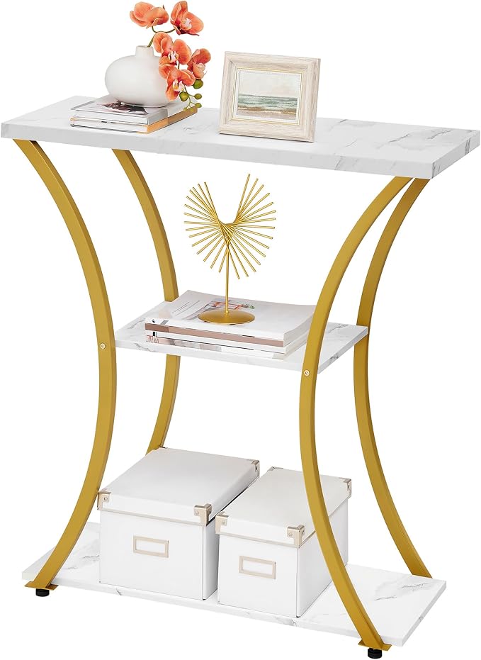Hoctieon 3 Tier Console Table with Open Wood Shelves, Decorative Entryway Table with Curved Metal Frames, Narrow Sofa Table for Entrance, Living Room, Hallway, Gold and White Marbled