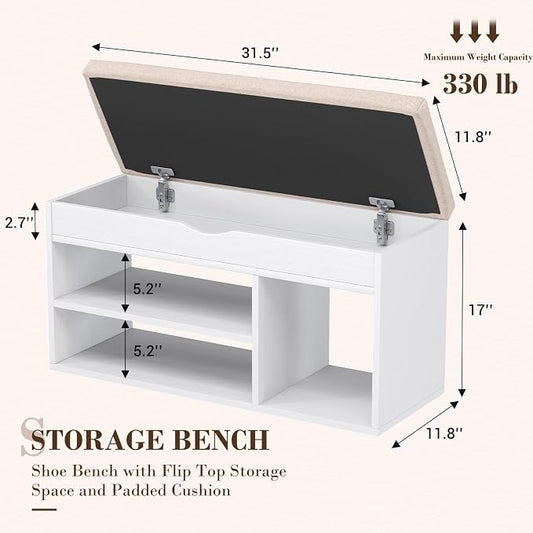 Apicizon 31 Inches Storage Bench with Padded Cushion, Shoe Bench with Storage Space, Upholstered Entryway Bench for Living Room, 2-Tier Shoe Rack Organizer, White