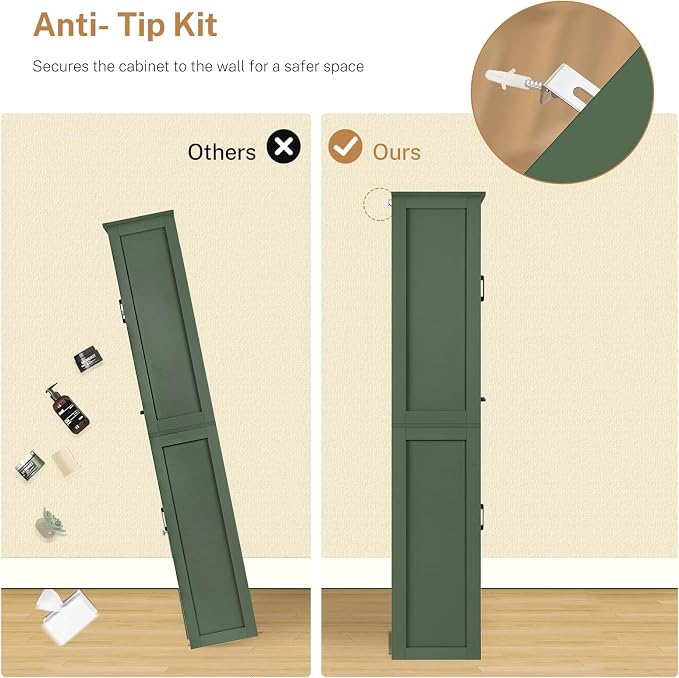 TEENFON Kitchen Pantry Cabinet with 3 Door Shelves & 1 Drawer, Narrow Bathroom Cabinet with Adjustable Shelves, Tall Storage Cabinet for Living Room, Bathroom, Entryway, Green