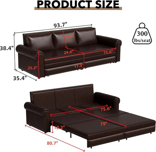 93.7" King Pull Out Sofa Bed, Faux Leather Sleeper Sofa Couch, 3 in 1 Convertible Futon Couches for Living Room, Small Space, Apartment, Office, Bedroom, Modern Rivet Armrest, Dark Brown