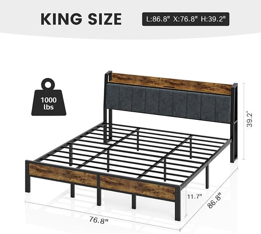 Liians King Size Bed Frame with USB Charging Station, Storage Headboard with Smart LED Lights, Metal Platform Bed Noise Free, No Box Spring Needed, Easy Assembly