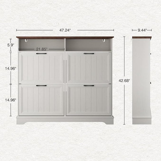 Shoe Storage Cabinet with 4 Flip Drawers, Farmhouse Modern Hidden Shoes Rack Cabinet with Adjustable Shelves & Open Storage, Narrow Slim Shoe Organizer for Front Door Entrance, Entryway, Antique White