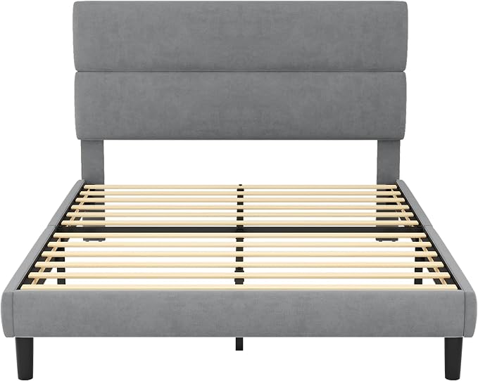 GRUSIGN Queen Size Platform Bed Frame with Velvet Headboard, Adjustable Height Wooden Slats Support, Upholstered Mattress Foundation, Fits Mattress or Mattress with Box Spring, Easy Assembly, Grey