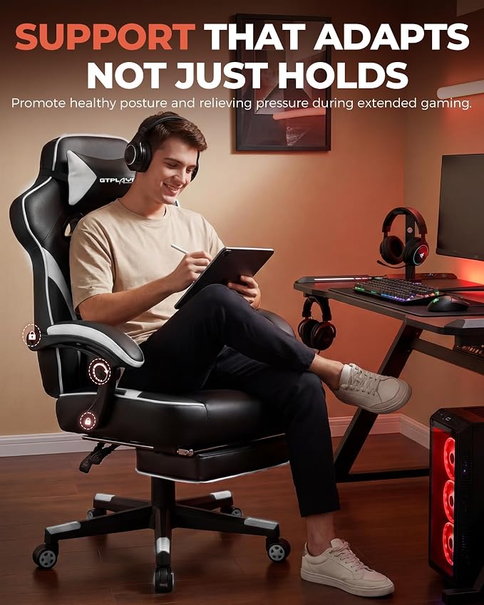 GTPLAYER Gaming Chair with Footrest, Big and Tall Game Chair 350lb Racing Style Computer Chair, Ergonomic Executive Office Chair High Back with Lumbar Support and Recliner, White
