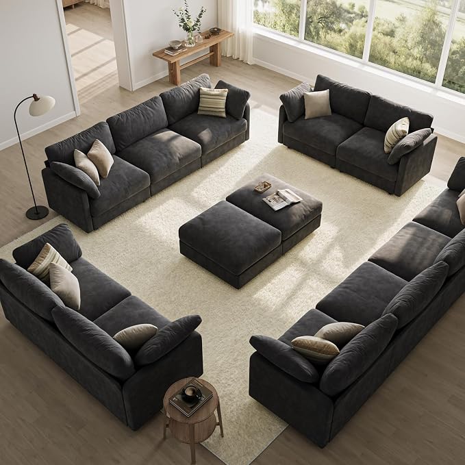 114" Cloud Couch Sectional Couches for Living Room Dark Grey | 10" High-Resilience Cloud Cushion, 36" Movable Ottoman, Plus-Size Friendly Couch, 28" Extra Deep Seat Sofa