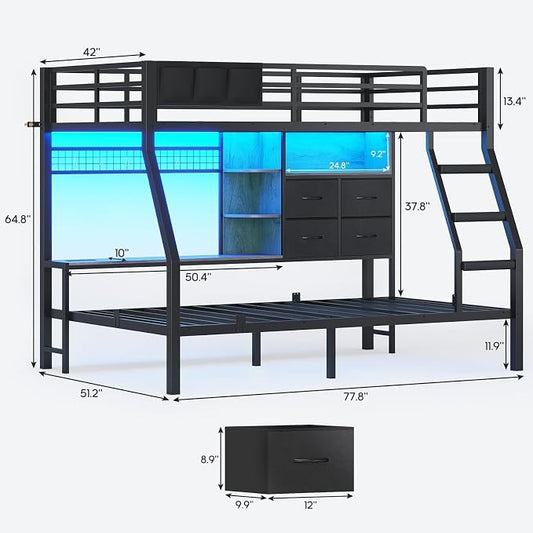 BTHFST Bunk Bed Twin Over Twin with 4 Storage Drawers & Shelves & Bedside Caddy, Twin Bunk Beds with Charging Station & LED Lights, Metal Loft Bed with Safety Guardrail & Angled Ladder, Black & Grey
