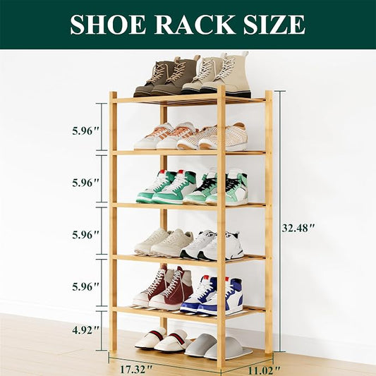 Smiry Small Bamboo Shoe Rack, 5 Tier Free Standing Wooden Shoe Organizer, Stackable Wood Shoe Storage Shelf for Closet, Entryway, 12 Vertical Slats, 2+2+1 Stack Standard Legs, 17.3"x11"x32.5", Natural