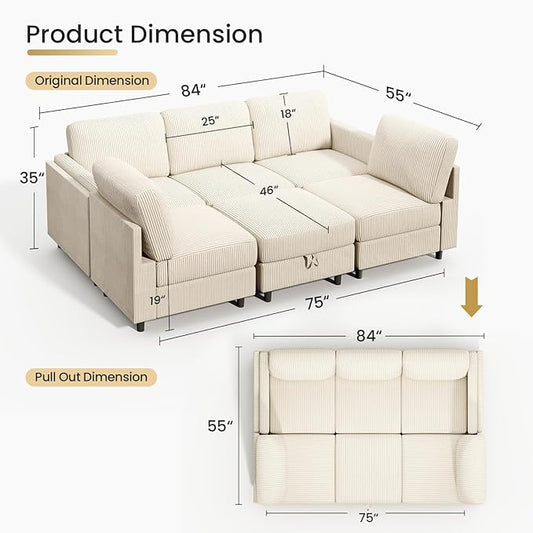 KKL Modular 83'' 6 Seater Sofa Bed - Sectional Sofa with Storage Ottoman, Convertible U/L -Shaped Sleeper Couch for Living Room, Modern Reversible Design, Beige