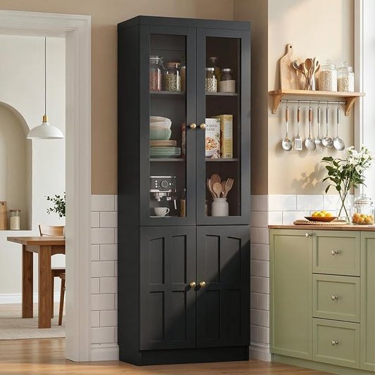Cyclysio Kitchen Pantry Cabinet, 80" Wood Pantry Storage Cabinet with Doors and Adjustable Shelves, Kitchen Cabinet with Thickened Top Panel, Tall Cabinet for Livingroom, Pantry, Bathroom, Black