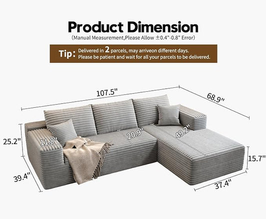 107.5" Cloud Modular Sectional Sofa Couch with L-Shape Chaise,Modern Minimalist Upholstered Couches for Living Room Bedroom,Deep Seat Corner Couch,No Assembly Required (Grey,Right Facing Chaise)