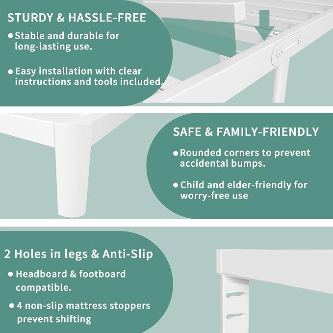 ITIMIDI 10 Inch White Bed Frame Twin Size with Metal Gaskets, Metal White Platform Bed Frame, No Box Spring Needed, Heavy Duty Steel Support 3500 LBS, Anti-Slip Mattress Stopper, Easy Assembly