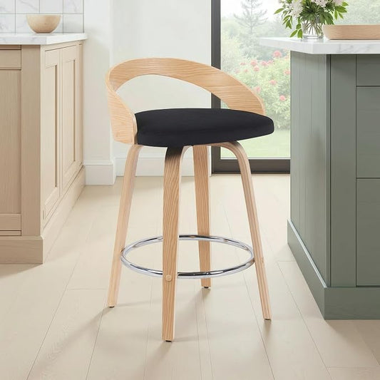 Sonia Modern Swivel Counter Height Bar Stool with Black Upholstered Seat and Patterned Oak Wood Finish Set of 4