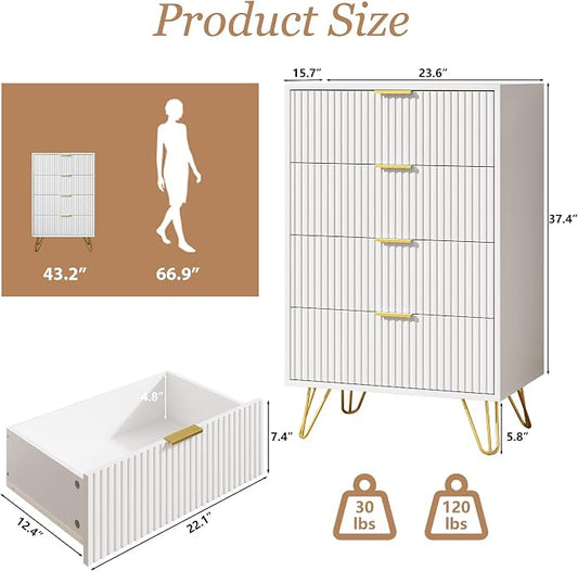 MAISONARIA White Dresser for Bedroom, Modern Dresser with Gold Metal Handles & Chests of Drawers