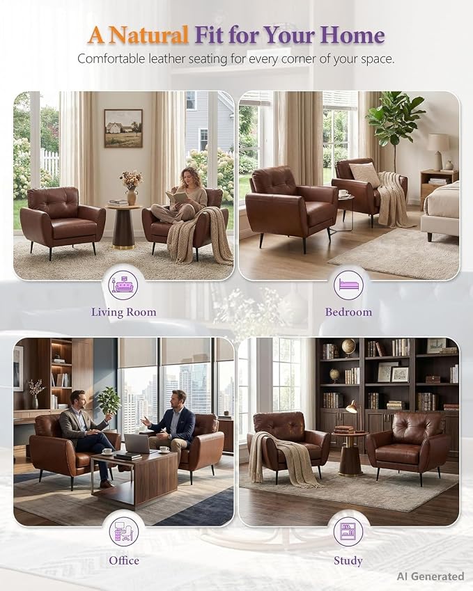 TYBOATLE Accent Chairs Set of 2, Comfy Modern Living Room Brown Leather Reading Accent Chairs Tufted Mid Century Arm Chair Small Salon Chair for Office Bedroom (2, Brown)