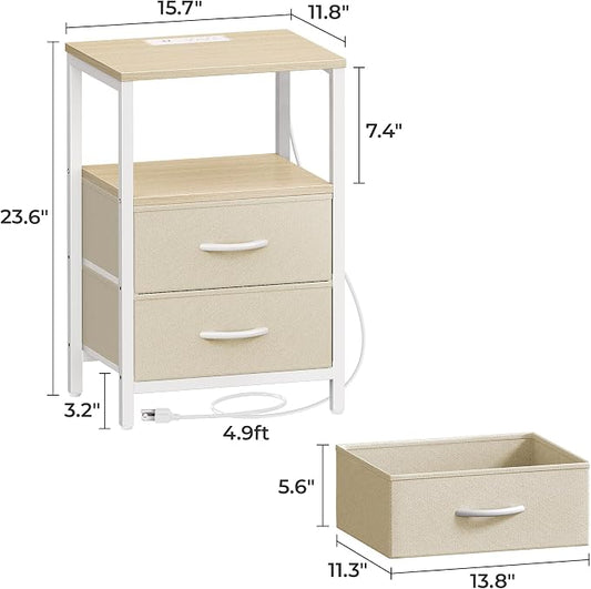 Huuger Nightstand with Charging Station, Side Table with Fabric Drawers, End Table with Open Shelf, Bedside Table with USB Ports and Outlets, Night Stand for Bedroom, White Marple