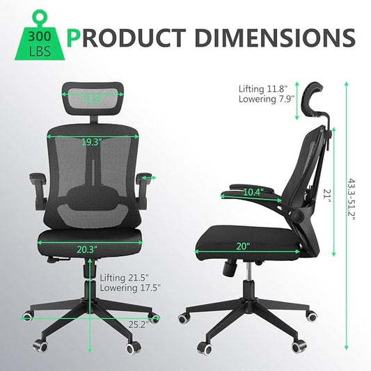 300 LBS Ergonomic Office Computer Mesh Chair - Adjustable Height Rolling Desk Chair with Flip-Up Armrests & High Back Support - Comfortable Swivel Task Chair for Home Office