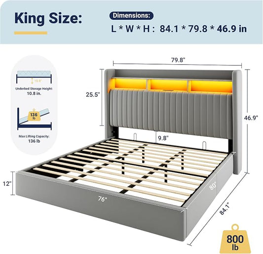 Allewie King Size Lift Up Hydraulic Storage Bed Frame, 2-Tier Shelf Headboard with LED Lights and Charging Station, USB and Type C Ports, Wingback Velvet Headboard, No Box Spring Needed, Gray