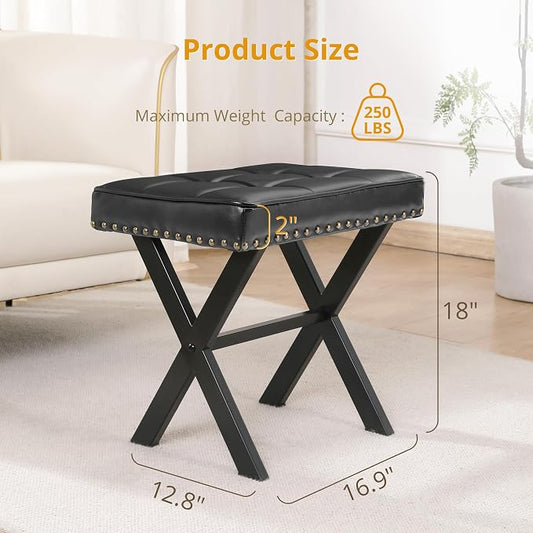 LUE BONA Vanity Stool - Square Faux Leather Makeup Seat With Metal X Legs, Small Ottoman Chair for Makeup Room, Living Room - Modern Padded Foot Rest, Black