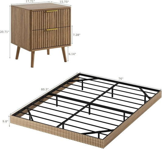 LYNSOM 3 Pieces King Bedroom Set, Floating Bed Frame with Smart LED Lights & Nightstand Set of 2, Fluted Bedroom Furniture Set for Home, Bedroom, Walnut