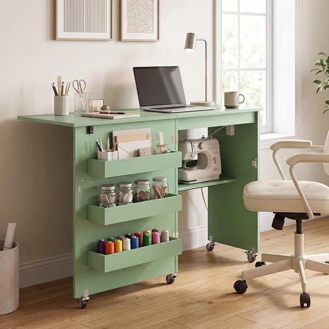 Giantex Folding Sewing Table with Charging Station, Rolling Craft Table with Storage Trays & Shelf, Foldable Sewing Machine Cabinet Desk with Lockable Wheels for Small Spaces (Sage)
