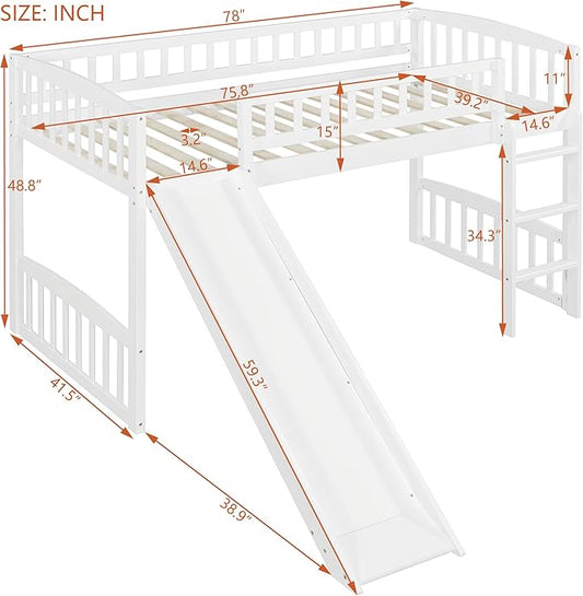 Twin Size Loft Bed, Wood Loft Bed with Slide and Ladder, White