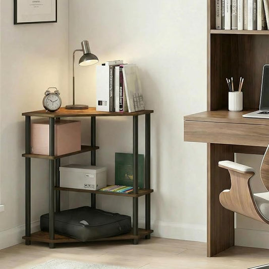 Furinno Turn-N-Tube Desk, Corner Gaming Desk with Storage Shelves, Toolless Assembly Computer Desk with Open Shelf, Office Desk for Home Office, Bedroom, Amber Pine