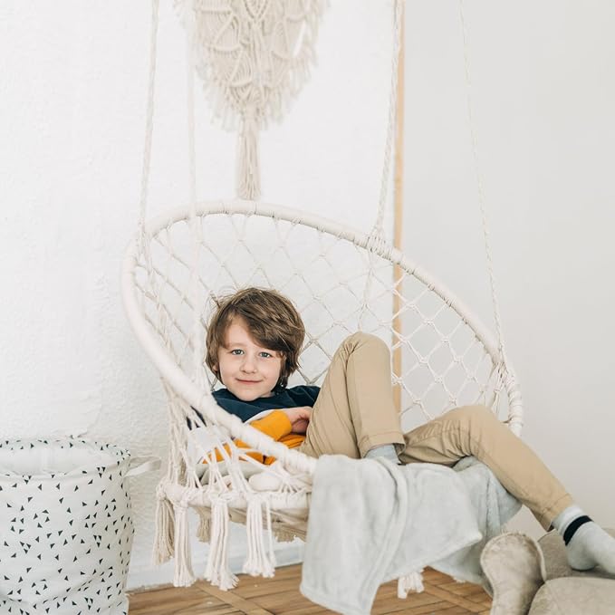 Macrame Hammock Chair Swing with Hardware Kits, Handmade Knitted Hanging Chair for Bedroom,Indoor,Outdoor, Balcony, Yard, Porch- 265 Pound Capacity -29.53" L x 29.53" W x 45.28" H